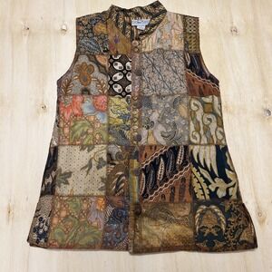 The Planet Vest Womens Medium Brown Batik Patchwork Cotton Button Front Collared